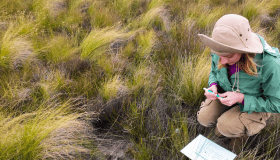 Research student in the field recording field notes 
