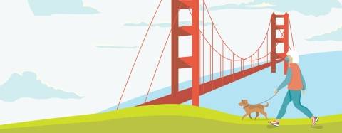 Walking dog near Golden Gate Bridge illustation