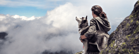 Woman in a jacket hugging a husky dog looking at a cloud on a mountainside