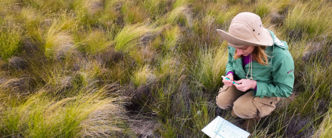 Research student in the field recording field notes 