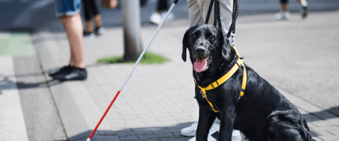 black lab service dog sitting on sidewalk