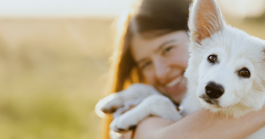 A woman lovingly hugs her white dog in a sunlit field, highlighting the bond between pets and their people.